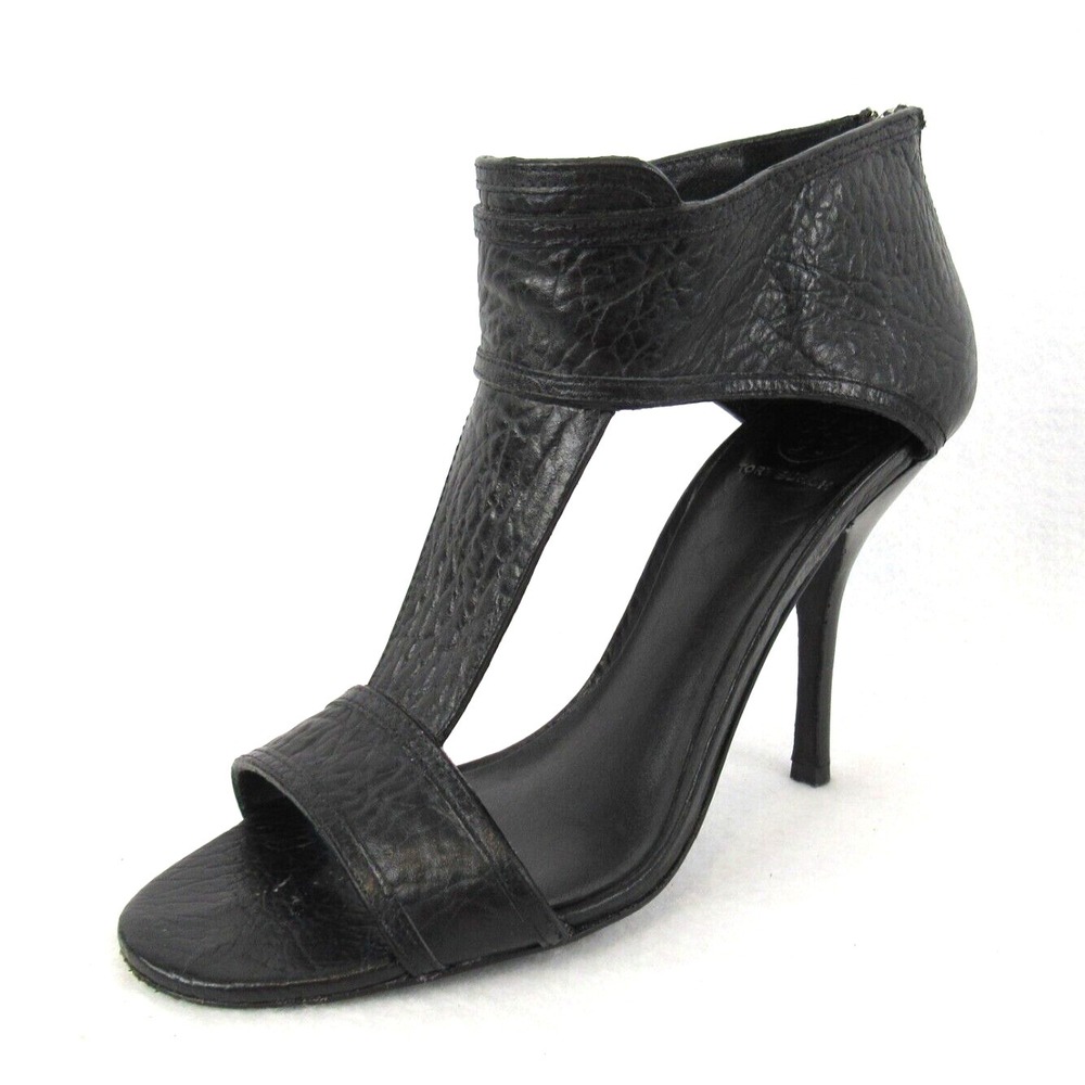 Tory Burch Black Textured Leather Peep Toe Ankle T-Strap Heels Size 9.5